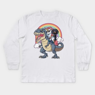 Dachshund And Unicorn Ride T-rex Funny T-shirt For Lover Kids Long Sleeve T-Shirt